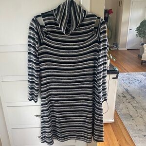 Cold Shoulder Striped Black and White Turtleneck Dress